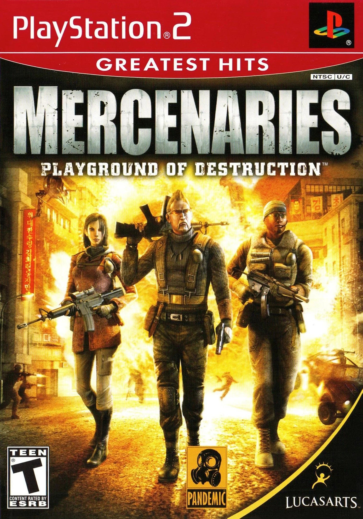 Mercenaries Playground of Destruction PS2 PlayStation 2 open world action shooter game retro video game cover art Greatest Hits edition
