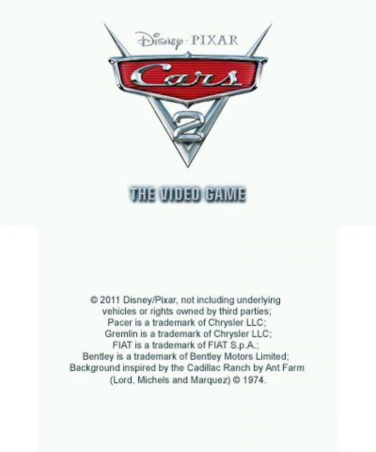 Disney Pixar Cars 2 start screen for Nintendo 3DS (3DS) racing video game