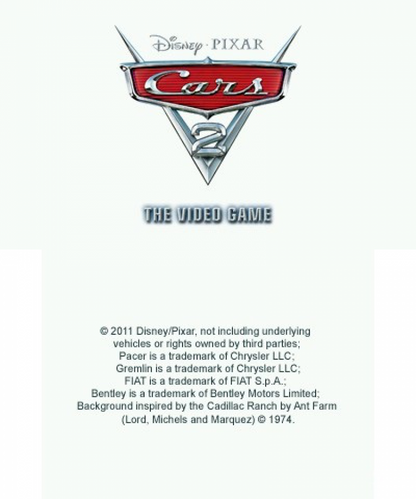 Disney Pixar Cars 2 start screen for Nintendo 3DS (3DS) racing video game