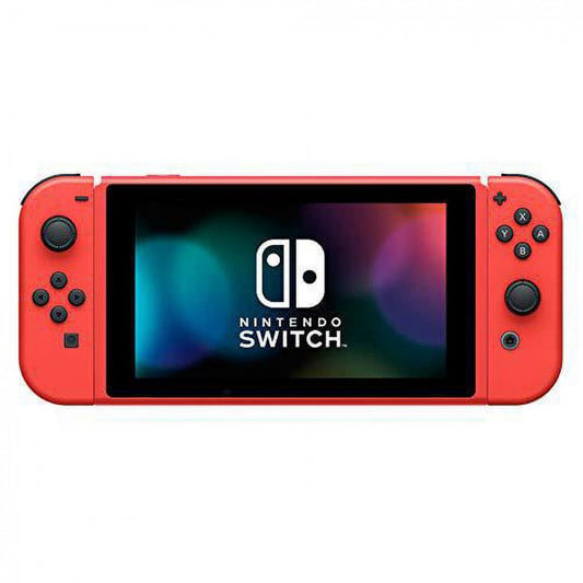 Front view of the red Mario Edition Nintendo Switch console with vibrant red Joy-Con controllers