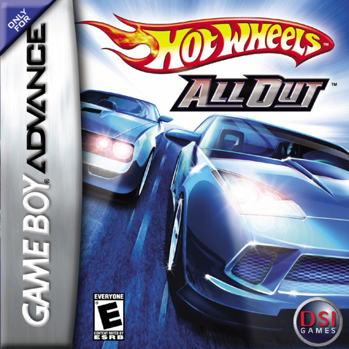 Hot Wheels All Out for Game Boy Advance, cover image for a retro video game featuring arcade racing gameplay, high-speed track challenges, stunt driving, collectible cars, and fast-paced competition