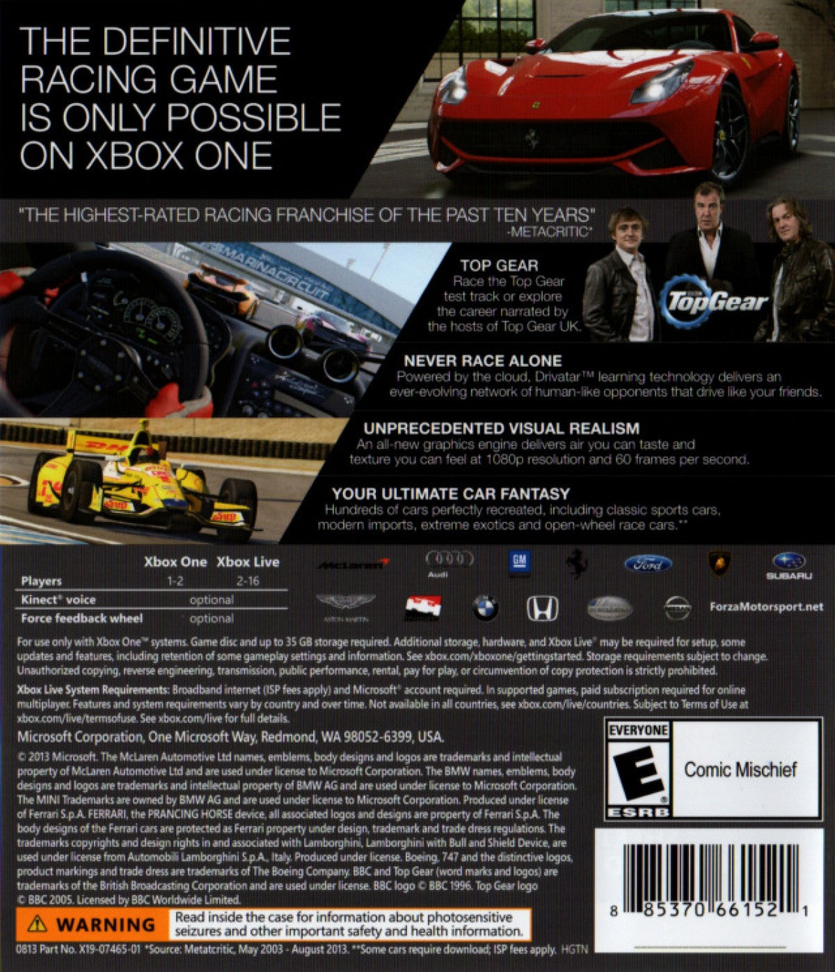 Forza Motorsport 5 back of box for Xbox One (XONE) racing simulation video game