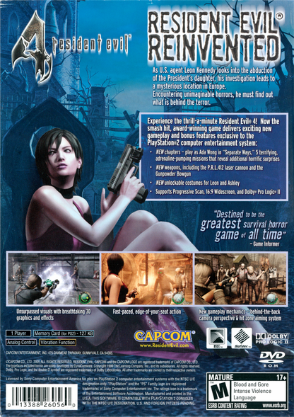 Resident Evil 4 Greatest Hits PlayStation 2 PS2 video game, survival horror action, third-person shooter, classic Capcom title back cover art