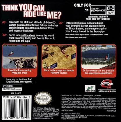 Shaun Palmer’s Pro Snowboarder for Game Boy Advance (GBA), back of box for a retro video game featuring snowboarding gameplay, trick-based challenges, downhill racing, extreme sports action, and arcade-style competition