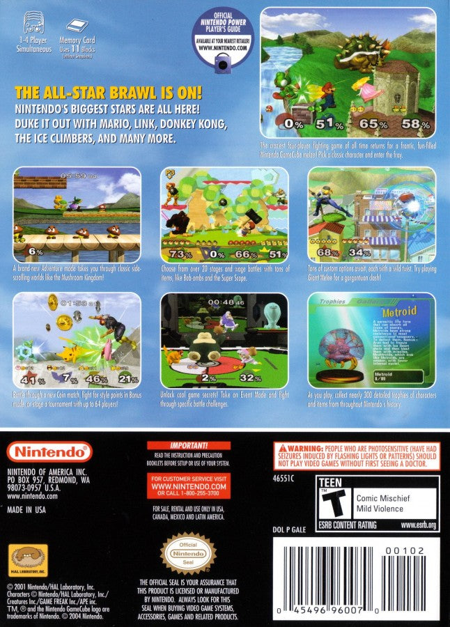 Super Smash Bros. Melee for Nintendo GameCube fighting party game featuring Mario Link Pikachu multiplayer versus mode competitive platform brawler back cover art