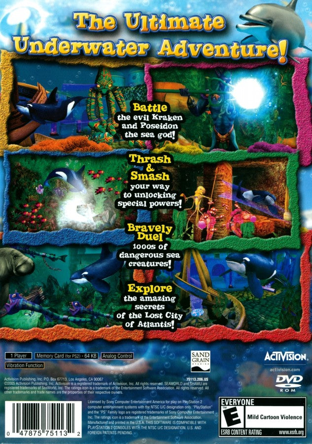 Shamu's Deep Sea Adventures – PlayStation 2 (PS2) video game back of case, underwater action-adventure game.