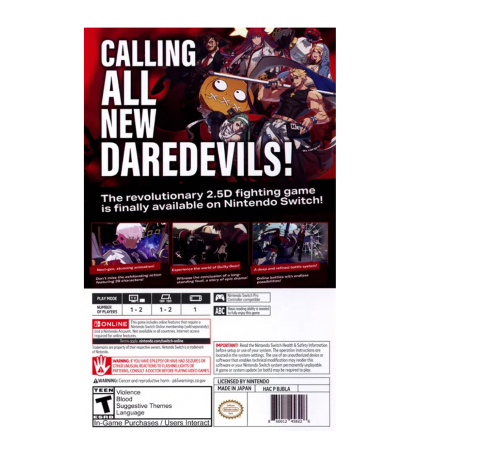 Guilty Gear Strive Nintendo Switch Edition back cover art for Nintendo Switch (NS) fighting video game.