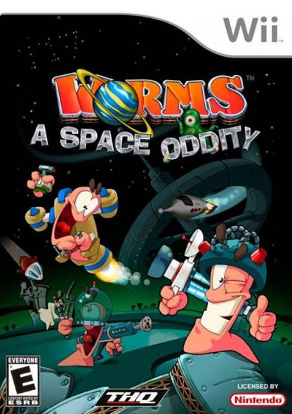 Worms: A Space Oddity cover art for Nintendo Wii (Wii) featuring turn‑based artillery combat with quirky worm characters, new space‑themed weapons, and destructible intergalactic battlefields