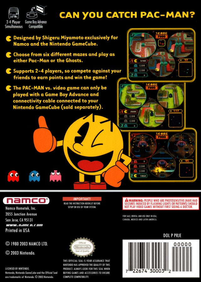 Pac-Man Vs Nintendo GameCube for retro video game enthusiasts featuring multiplayer arcade gameplay classic maze chasing action unique competitive party modes fast paced ghost and Pac Man battles local multiplayer fun and collectible gaming appeal back cover 