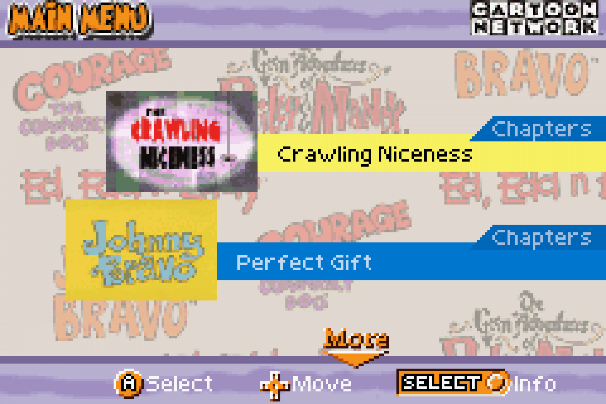 GBA Video Cartoon Network Collection Volume 1 Game Boy Advance video playback cartridge featuring episodes of Ed Edd n Eddy Courage the Cowardly Dog and other Cartoon Network shows show selection screen