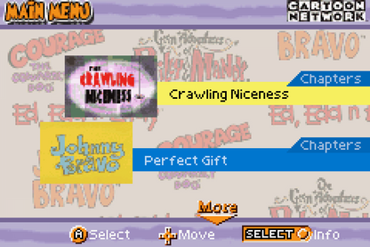 GBA Video Cartoon Network Collection Volume 1 Game Boy Advance video playback cartridge featuring episodes of Ed Edd n Eddy Courage the Cowardly Dog and other Cartoon Network shows show selection screen
