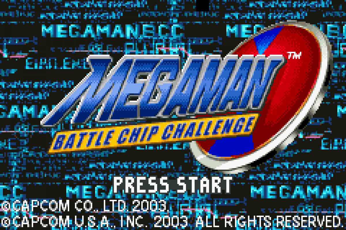 Mega Man Battle Chip Challenge Game Boy Advance GBA video game, strategy RPG, card-based battle system, handheld Capcom title titlescreen