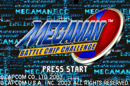 Mega Man Battle Chip Challenge Game Boy Advance GBA video game, strategy RPG, card-based battle system, handheld Capcom title titlescreen