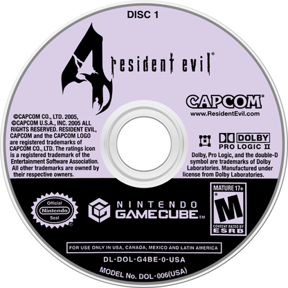 Resident Evil 4 GameCube GC video game, survival horror, third-person action, classic Capcom title, Nintendo GameCube release disc 1