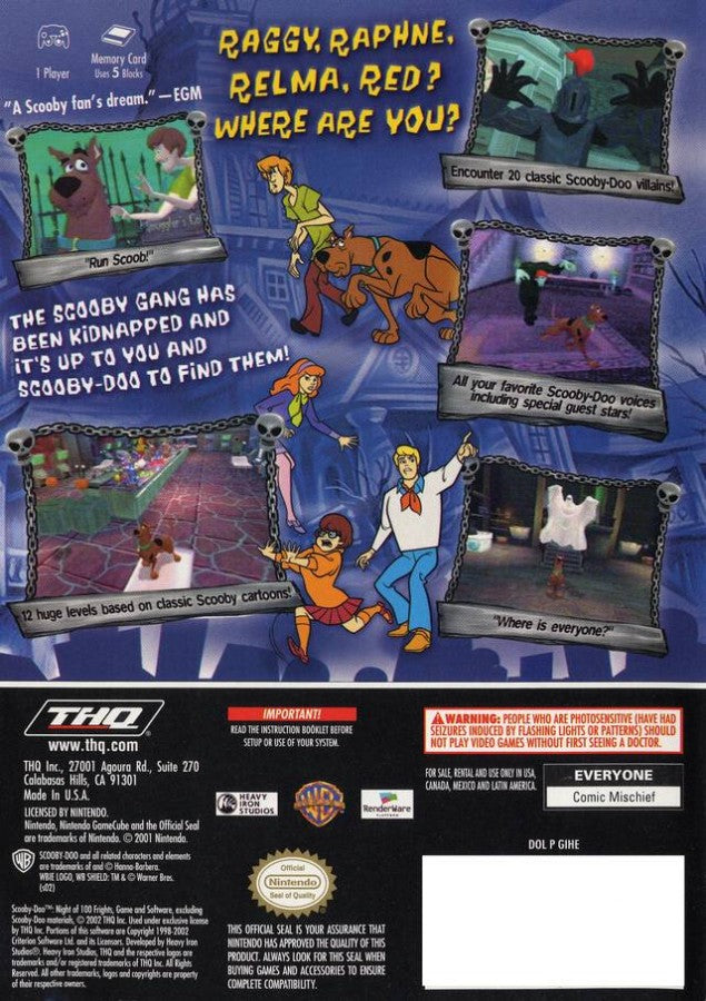Scooby-Doo!: Night of 100 Frights for GameCube (GC) at Gamers INC, featuring a spooky 3D platforming adventure where you play as Scooby-Doo searching for the rest of the Mystery Inc. gang in the haunted Mystic Manor, collecting Scooby Snacks, unlocking fun power-ups, and facing off against classic villains from the original cartoon series back cover
