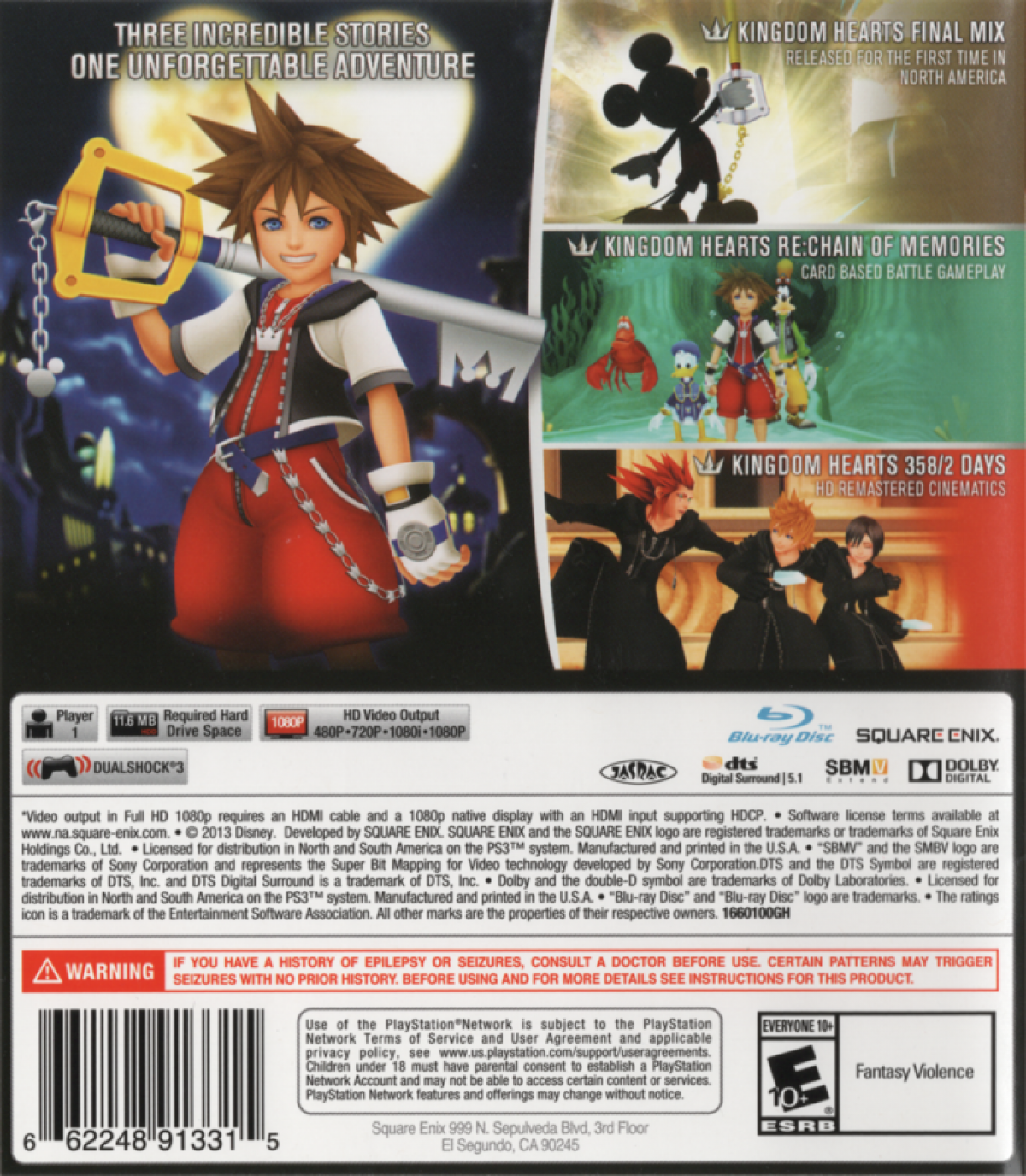 Kingdom Hearts HD 1 point 5 Remix Greatest Hits back cover art for PlayStation 3 PS3 video game