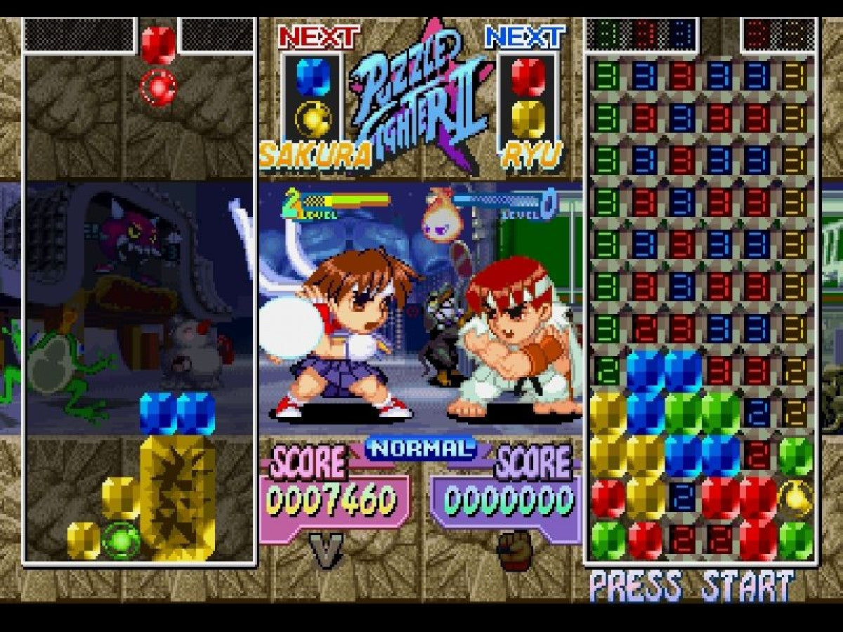 Super Puzzle Fighter II [CIB] for Game Boy Advance (GBA) featuring fast competitive gem dropping puzzle battles with chibi versions of Capcom fighters; chain combos send counter gems and outsmart opponents in this addictive complete in box arcade style classic gameplay screenshot