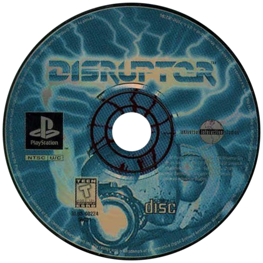 Disruptor PS1 PlayStation 1 first person shooter sci fi action game psychic powers futuristic combat Insomniac Games retro video game disc