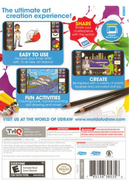 uDraw Studio: Instant Artist back cover art for Nintendo Wii (Wii) featuring creative drawing and painting with the uDraw GameTablet, offering tools, colors, and artistic effects.