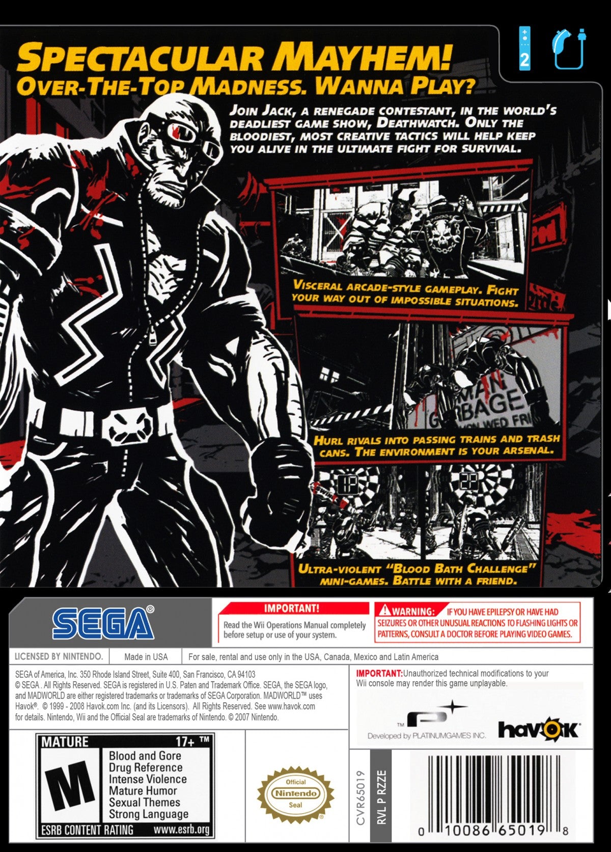 MadWorld – Nintendo Wii (Wii) stylized action beat ’em up video game back of case