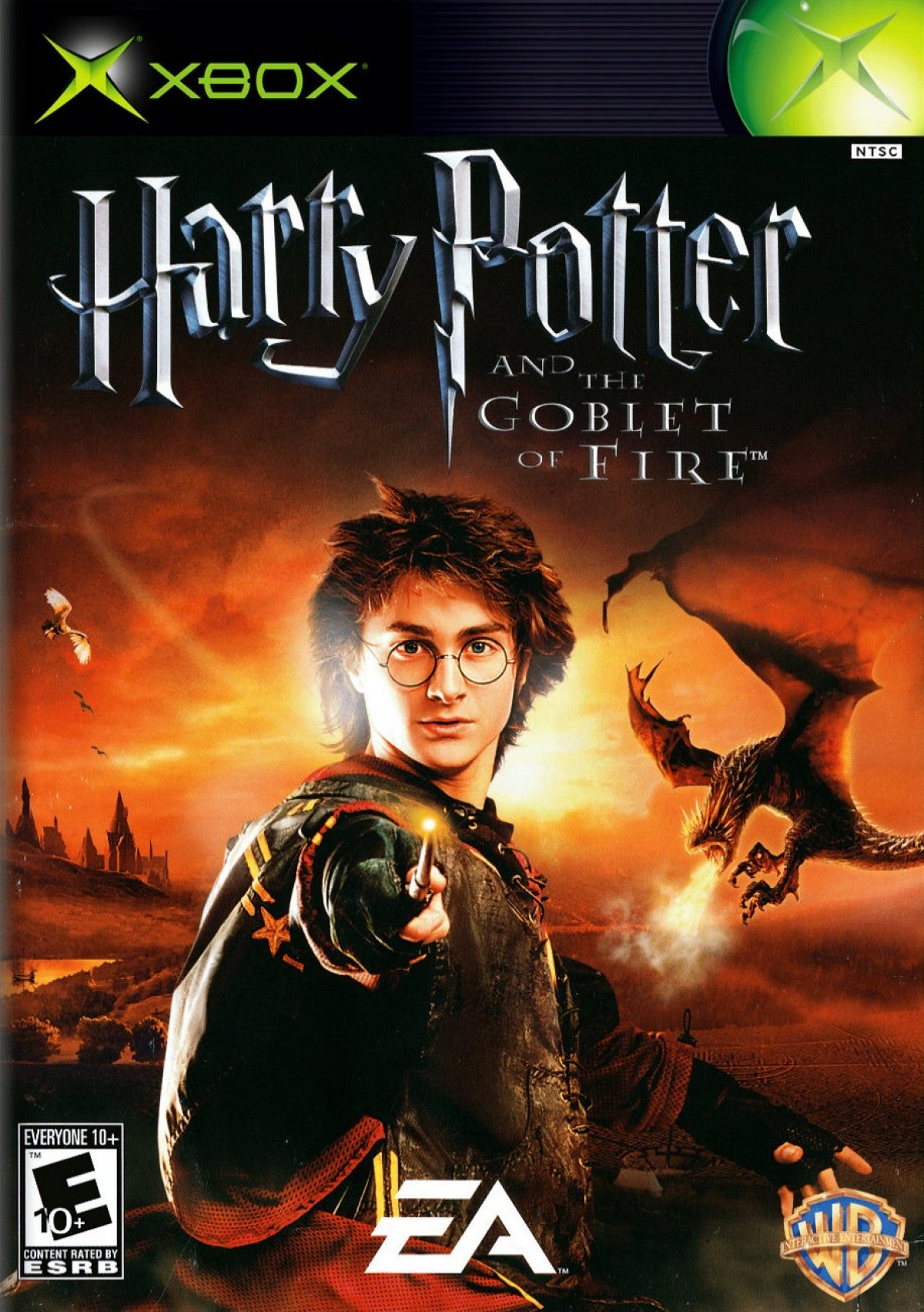 Harry Potter and the Goblet of Fire Xbox action-adventure video game based on the fourth film Triwizard Tournament Harry Ron Hermione cooperative gameplay dragon challenge Black Lake maze graveyard Voldemort duel spell casting character switching puzzle solving EA Games movie license multiplayer support front cover