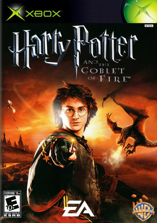 Harry Potter and the Goblet of Fire Xbox action-adventure video game based on the fourth film Triwizard Tournament Harry Ron Hermione cooperative gameplay dragon challenge Black Lake maze graveyard Voldemort duel spell casting character switching puzzle solving EA Games movie license multiplayer support front cover