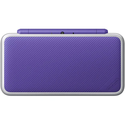 New Nintendo 2DS XL Purple inspired design featuring handheld gaming console aesthetic sleek clamshell design dual screen portable system vibrant purple finish Nintendo gaming hardware modern retro collection presentation