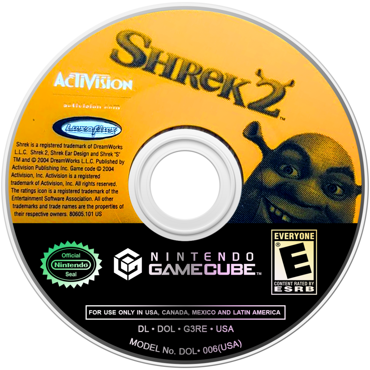 Disc art Shrek 2 GameCube GC video game, action adventure platformer, movie tie-in, family-friendly gameplay, multiplayer, classic Nintendo GameCube title