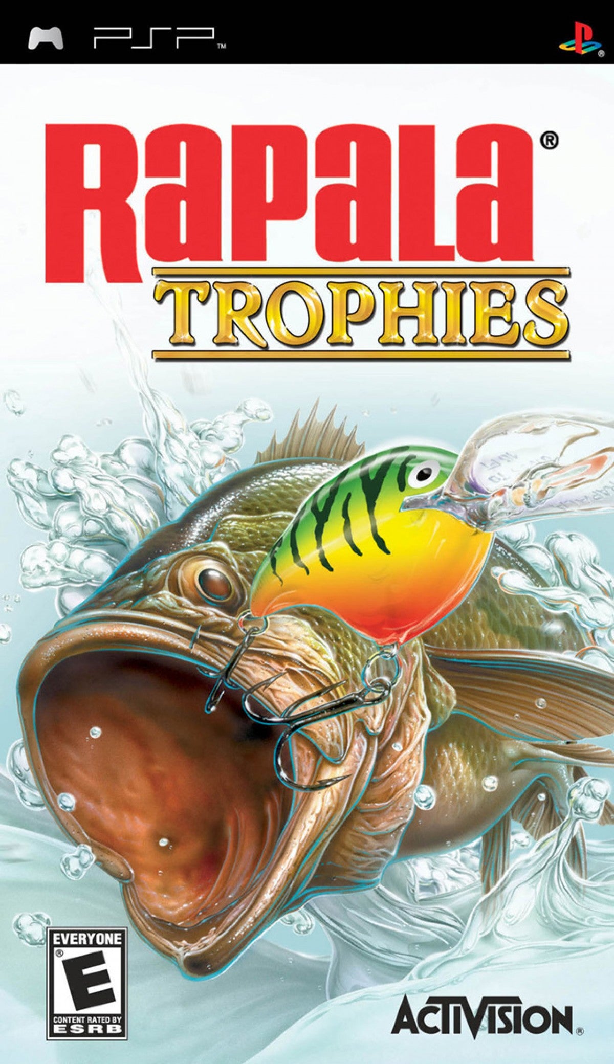 Rapala Trophies PlayStation Portable PSP inspired design featuring realistic fishing simulation aesthetic competitive angling tournaments licensed Rapala gear variety of fish species outdoor lake environments precision casting mechanics and portable sports gameplay presentation front cover
