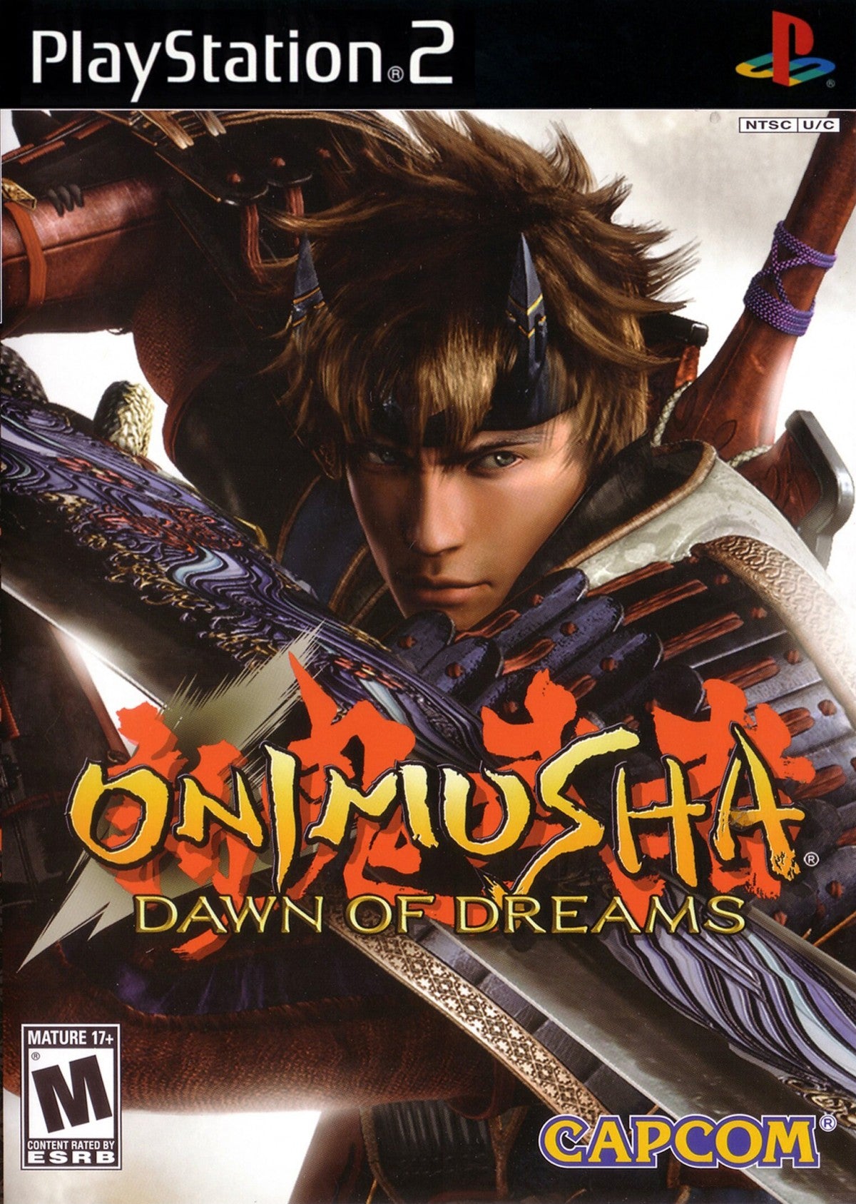 Onimusha: Dawn of Dreams for the PlayStation 2 featuring action adventure gameplay with samurai combat demon slaying abilities cinematic storytelling and feudal Japan inspired environments cover art