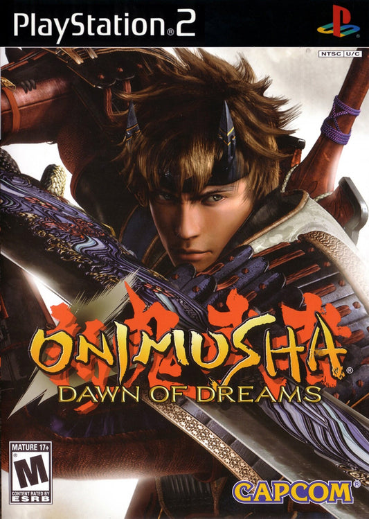Onimusha: Dawn of Dreams for the PlayStation 2 featuring action adventure gameplay with samurai combat demon slaying abilities cinematic storytelling and feudal Japan inspired environments cover art