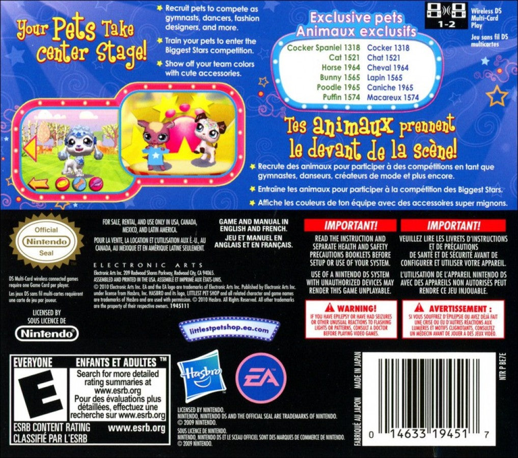 Littlest Pet Shop 3 Biggest Stars Blue Team for Nintendo DS (DS), back of case for a retro video game featuring pet care simulation gameplay, mini-game challenges, animal customization, talent competitions, and family-friendly adventure activities