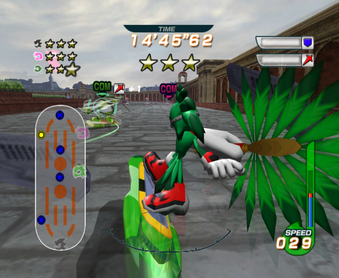 Sonic Riders gameplay for GameCube (GC) game featuring high-speed hoverboard racing and arcade-style competition