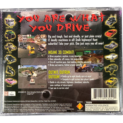 Twisted Metal PlayStation PS1 for vehicular combat video game fans featuring armed vehicles intense arena battles destructive weapons explosive combat unique drivers challenging opponents and classic PlayStation action gameplay collectible retro gaming appeal back cover art