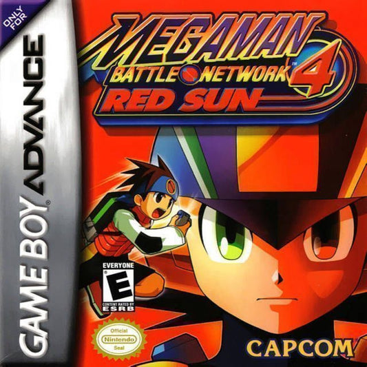 Mega Man Battle Network 4 Red Sun Game Boy Advance GBA video game, action RPG, tactical grid-based combat, classic Capcom handheld title cover art