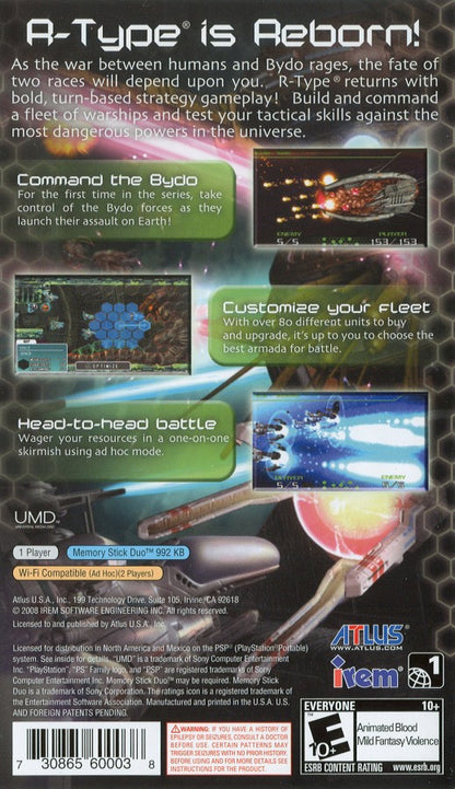 R-Type Command PlayStation Portable PSP for strategy video game fans featuring turn based space warfare tactical fleet battles iconic R-Type spacecraft sci fi campaign strategic mission planning alien enemy encounters deep combat mechanics collectible gaming appeal back cover art