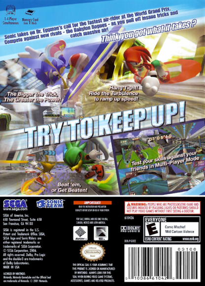 Sonic Riders back cover art for GameCube (GC) game featuring high-speed hoverboard racing and arcade-style competition 