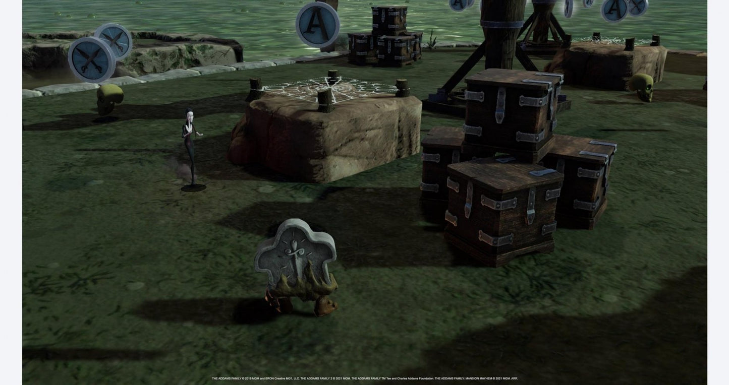 The Addams Family Mansion Mayhem Nintendo Switch for family friendly action adventure video game fans featuring Gomez Morticia Wednesday and Pugsley spooky mansion exploration cooperative multiplayer platforming challenges puzzle solving colorful environments and classic Addams Family characters collectible gaming appeal gameplay