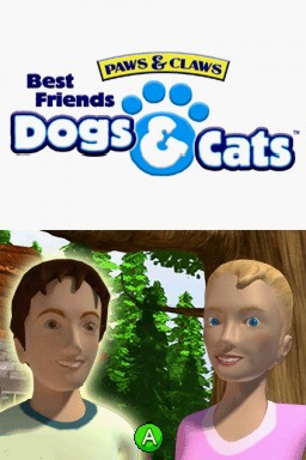 Paws & Claws Dogs and Cats Best Friends Nintendo DS title screen for retro video game featuring virtual pet care gameplay, adorable puppies and kittens, feeding and grooming activities, animal companionship, and family friendly simulation fun on the Nintendo DS handheld system