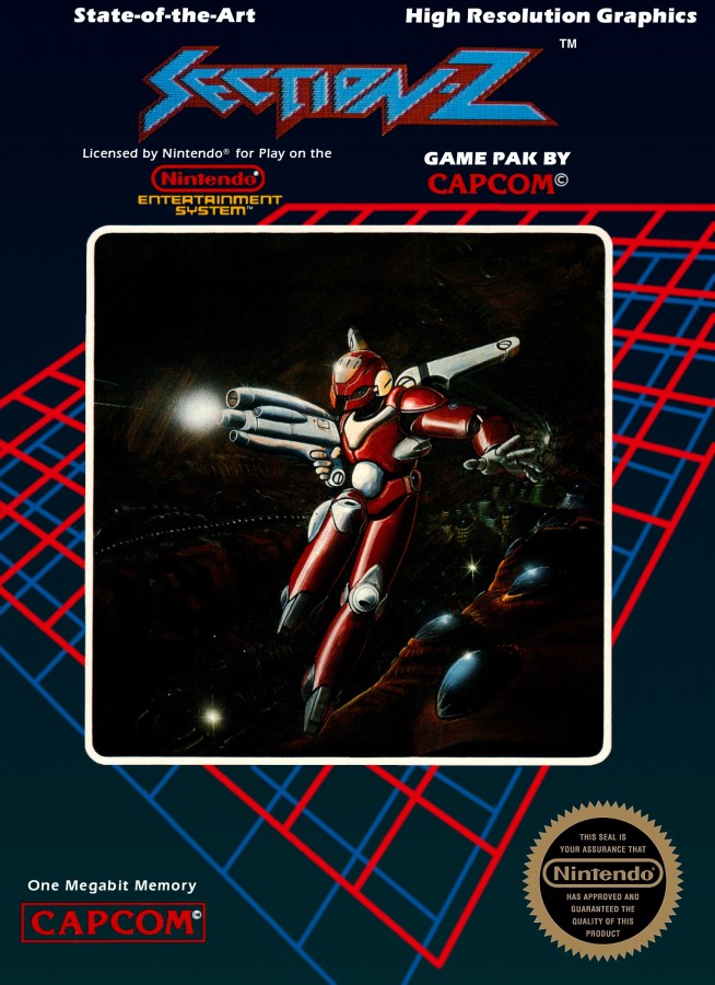 Section Z retro NES video game Section Z sci fi shooter side scrolling action space combat futuristic arcade gameplay classic console title Nintendo Entertainment System release cover art