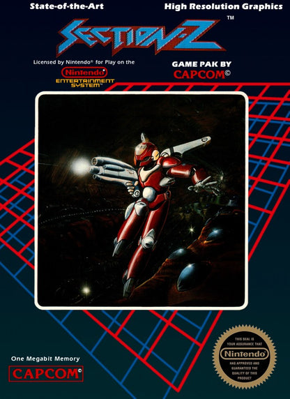 Section Z retro NES video game Section Z sci fi shooter side scrolling action space combat futuristic arcade gameplay classic console title Nintendo Entertainment System release cover art