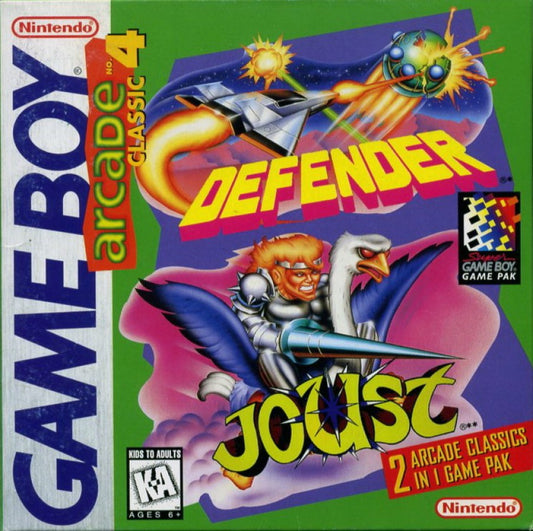 Arcade Classic 4 Defender and Joust for Game Boy, cover image for an arcade compilation video game with classic shooter and platform gameplay, retro challenges, and fast-paced action