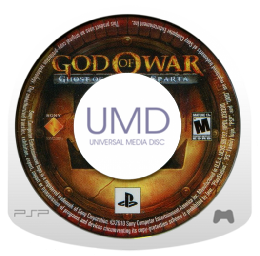 God of War Ghost of Sparta PlayStation Portable PSP action-adventure hack and slash video game prequel to the God of War series featuring Kratos combat magic upgrades and the Arms of spear and shield developed by Ready at Dawn exclusive Sony handheld epic cinematic Greek mythology quest disc cartridge UMD