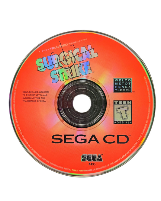 Surgical Strike Sega CD full motion video FMV rail shooter arcade style helicopter combat military strike missions live action footage targeting enemies cinematic gameplay interactive movie style retro gaming Sega CD software video game title disc