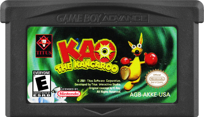 Kao the Kangaroo Game Boy Advance GBA video game featuring platforming adventure gameplay kangaroo character exploration colorful environments enemy battles jumping challenges collectible items and classic handheld action retro video game collection collectible gaming appeal cartridge