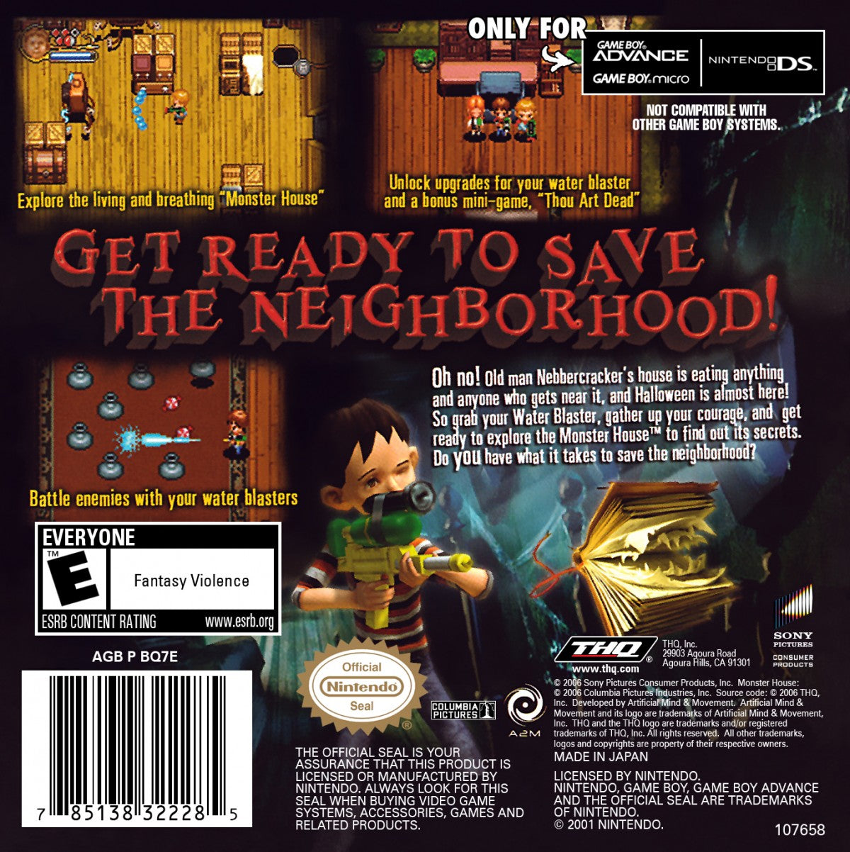 Monster House Game Boy Advance GBA action-adventure video game based on the animated haunted house movie back cover