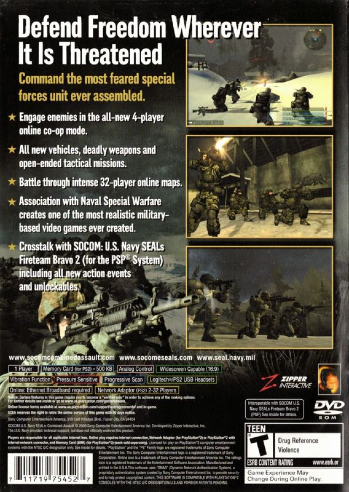 SOCOM: U.S. Navy Seals Combined Assault – PlayStation 2 (PS2) video game back of case, tactical shooter.