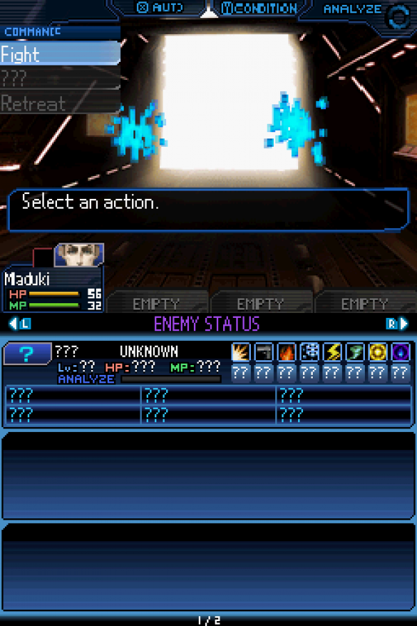 Shin Megami Tensei Strange Journey Nintendo DS game featuring first person dungeon crawling RPG gameplay with demon negotiation alignment based story paths and strategic turn based combat in a sci fi setting gameplay  