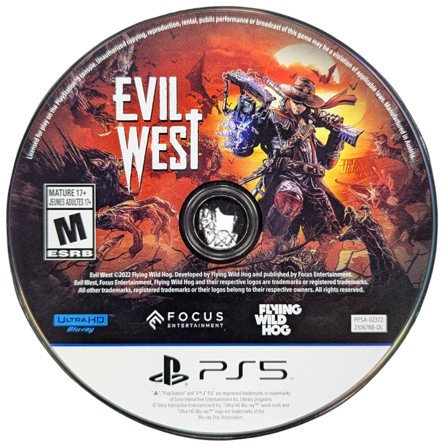 Evil West PlayStation 5 third-person action vampire hunting supernatural Wild West setting brutal combat gadgets co-op mode Focus Entertainment disc