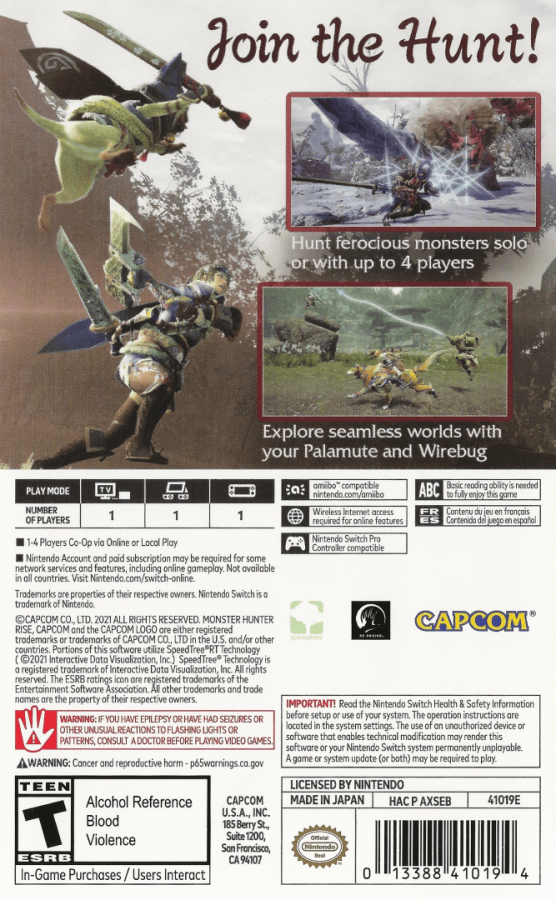 Monster Hunter Rise – Nintendo Switch (NS) Back Cover Art for this NS video Game 